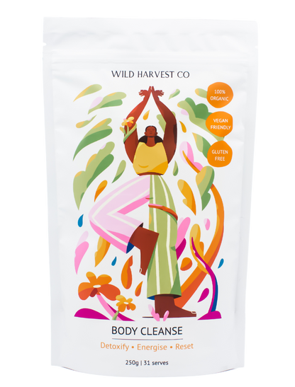 Wild Harvest Co Body Cleanse Supplement Pouch with the illustration of a woman doing a meditation tree pose 